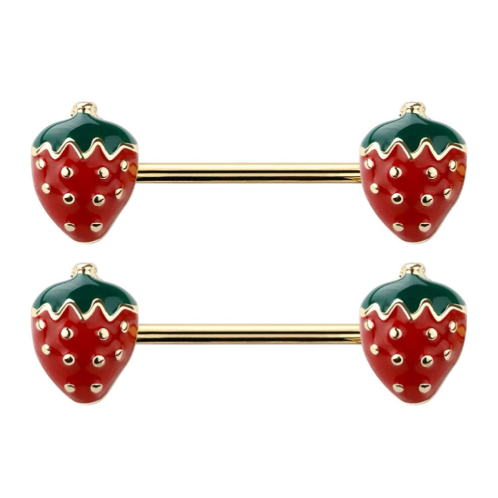 Surgical Steel Nipple Barbell 14G 14mm with PVD Gold Strawberry - Pair