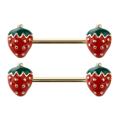 Surgical Steel Nipple Barbell 14G 14mm with PVD Gold Strawberry - Pair