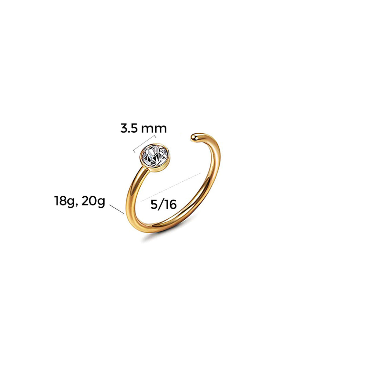 Surgical Steel Nose Ring Hoop 20 & 18 Gauge with CZ Gem - 5 Pack - Kruelty - Photo 3