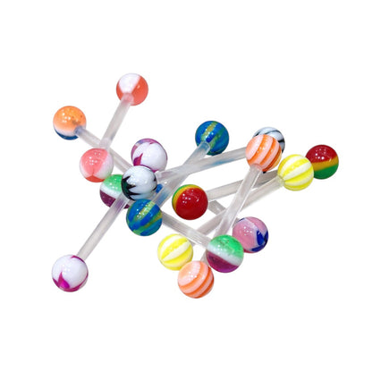 Acrylic 14 Gauge Straight Barbell Tongue Ring & Stripe Ball - 10 Pack