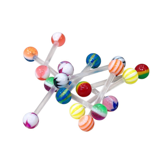 Acrylic 14 Gauge Straight Barbell Tongue Ring & Stripe Ball - 10 Pack