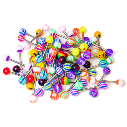 Surgical Steel UV Glow Stripe Ball Barbells 14G 16mm - 30 Pack
