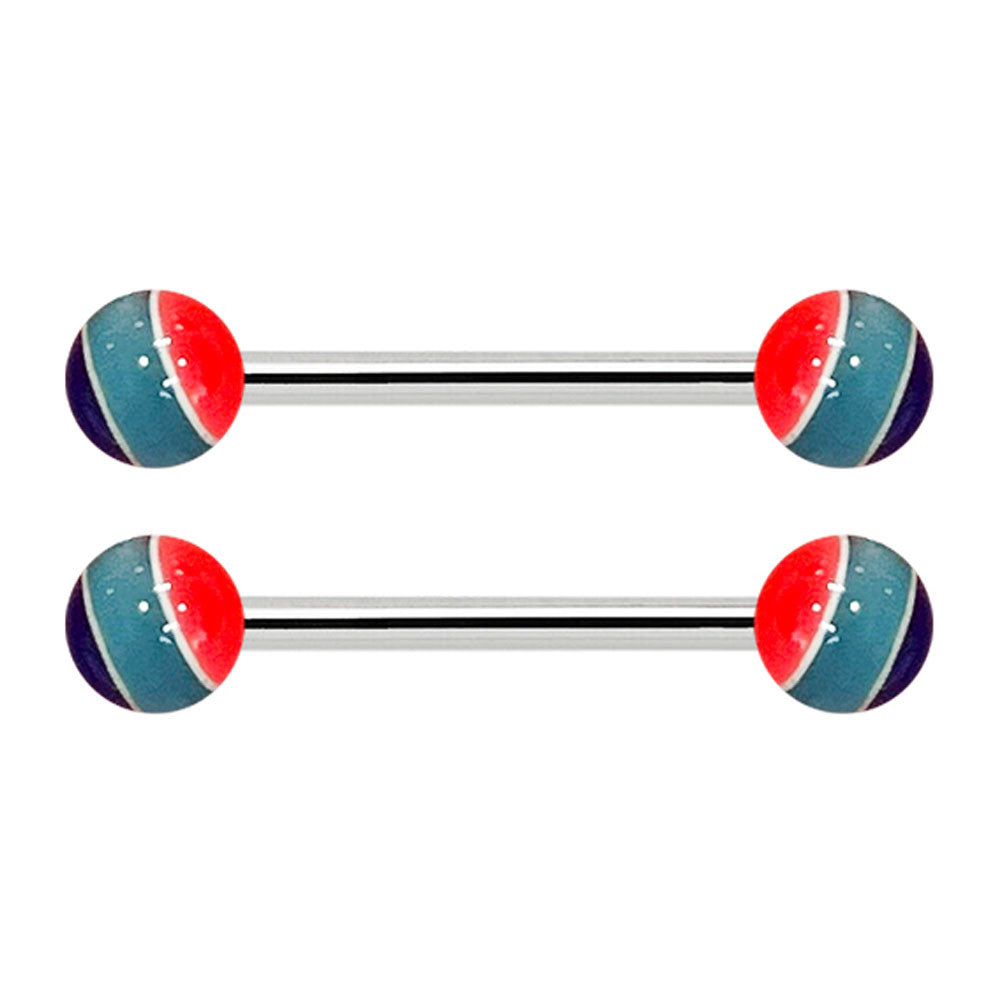 Surgical Steel Nipple Barbell 14G 14mm with Striped Balls - Pair - photo 3