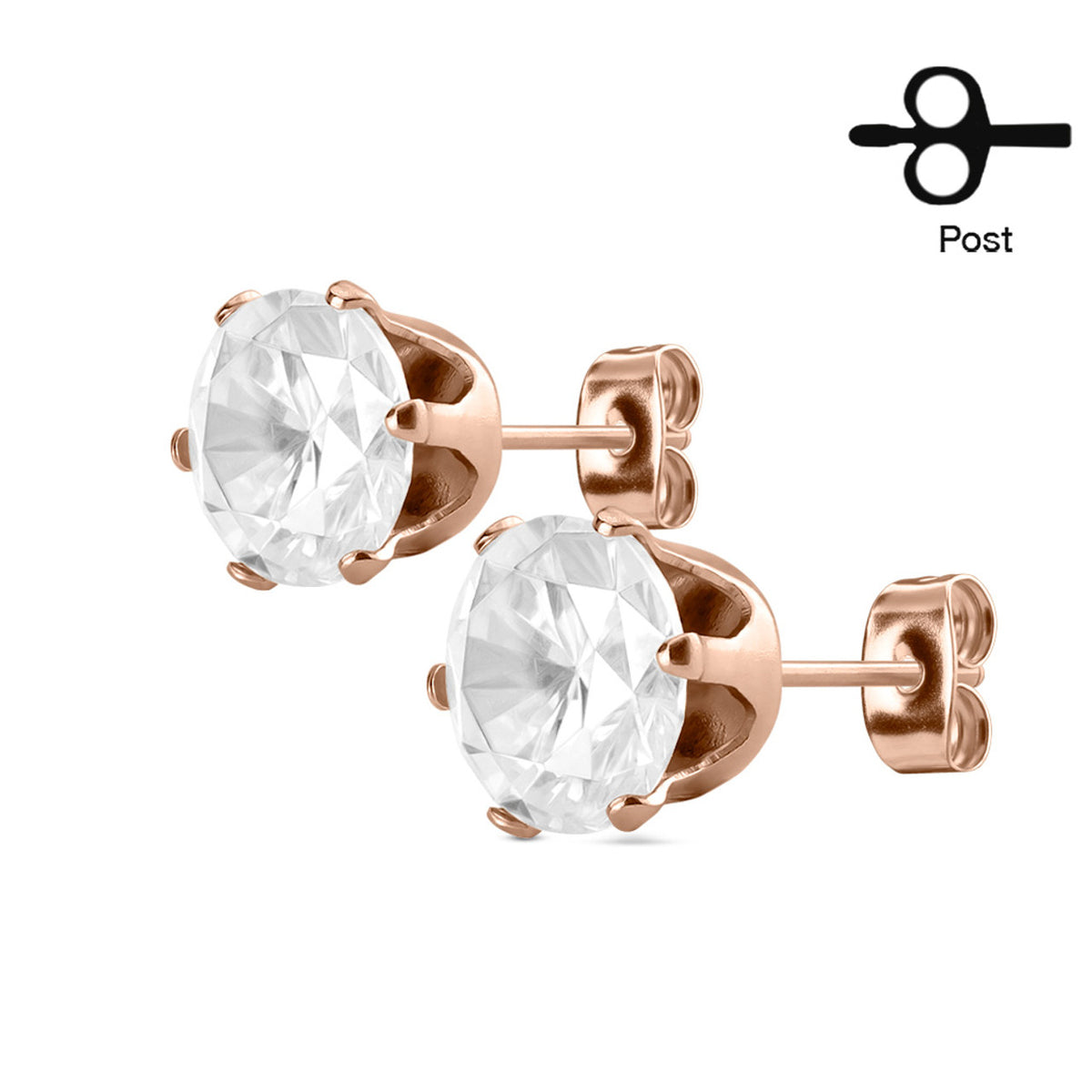 Surgical Steel Earring Stud 20 Gauge Rose Gold IP Round CZ Gem - Pair - Kruelty - Photo 2