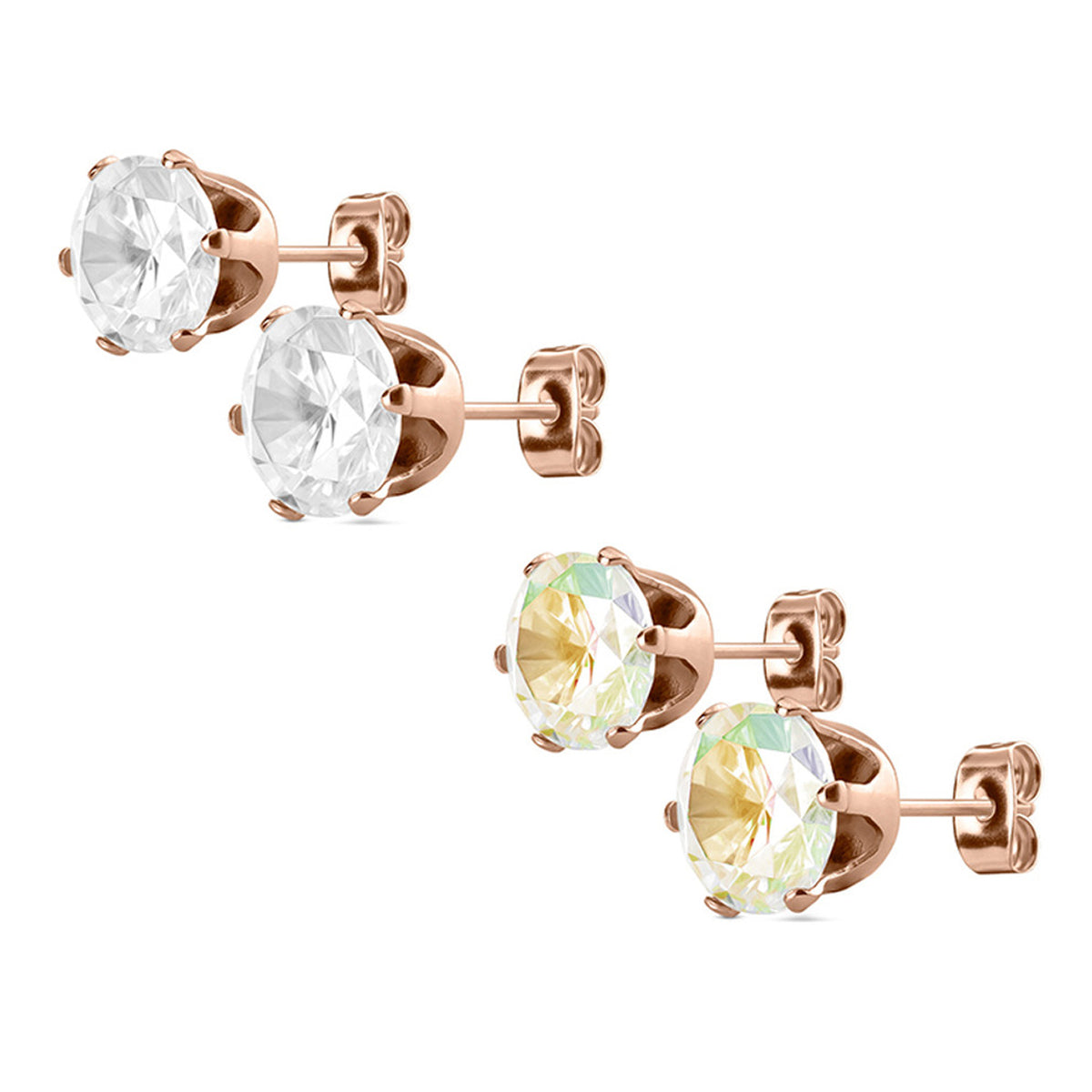 Surgical Steel Earring Stud 20 Gauge Rose Gold IP Round CZ Gem - Pair - Kruelty