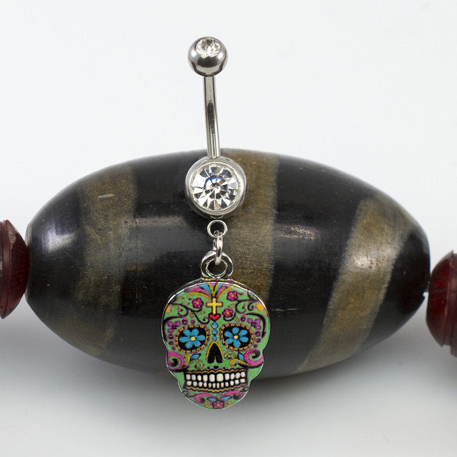 Surgical Steel 14 Gauge Belly Button Ring CZ with Dangle Sugar Skull - photo 3