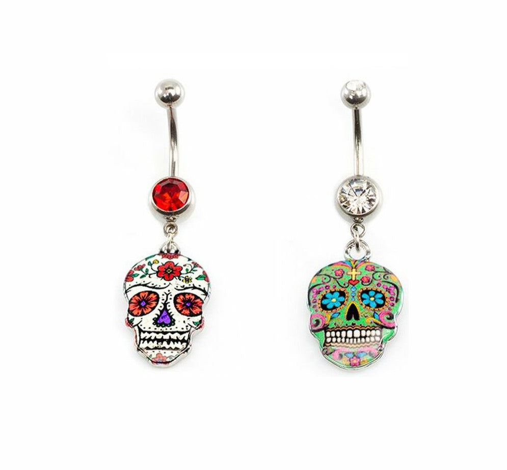 Surgical Steel 14 Gauge Belly Button Ring CZ with Dangle Sugar Skull