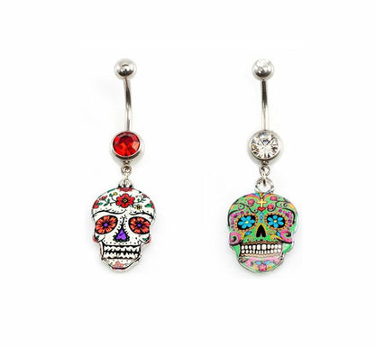 Surgical Steel 14 Gauge Belly Button Ring CZ with Dangle Sugar Skull