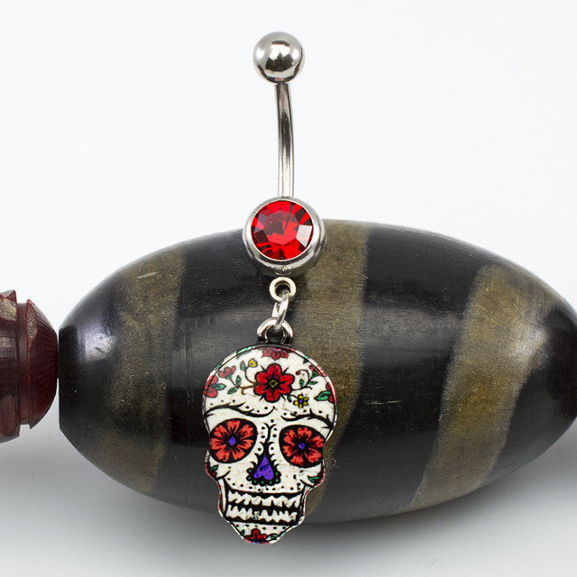 Surgical Steel 14 Gauge Belly Button Ring CZ with Dangle Sugar Skull - photo 2