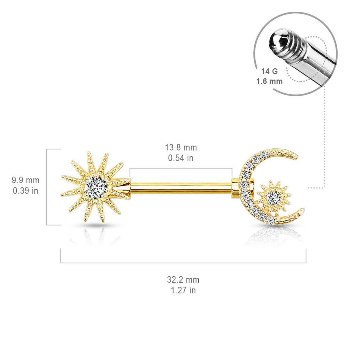 Surgical Steel 14 Gauge Nipple Barbell with CZ Moon and Star - Pair - photo 3