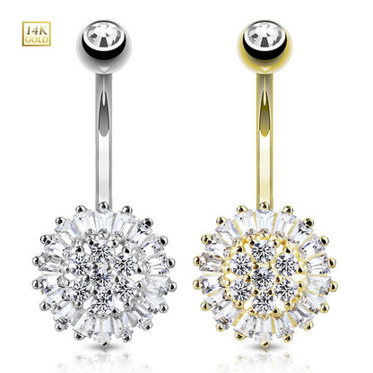 14K Solid Gold 14 Gauge Belly Ring with Clear CZ Sun Flower
