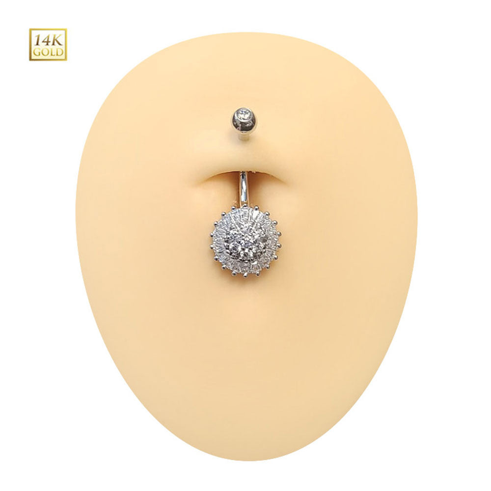 14K Solid Gold 14 Gauge Belly Ring with Clear CZ Sun Flower - photo 3