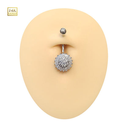 14K Solid Gold 14 Gauge Belly Ring with Clear CZ Sun Flower - photo 3