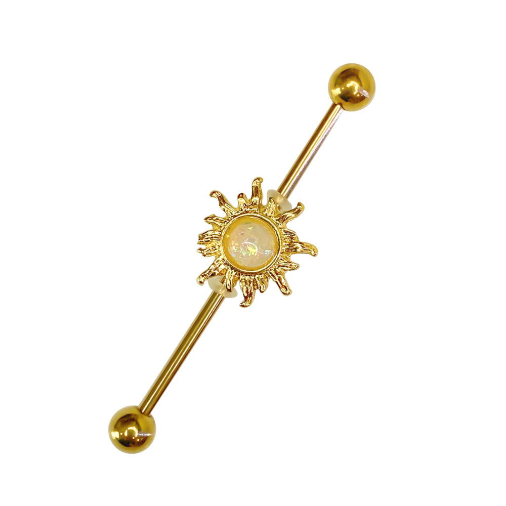 Surgical Steel 14 Gauge Industrial Barbell with PVD Gold Opal Sun