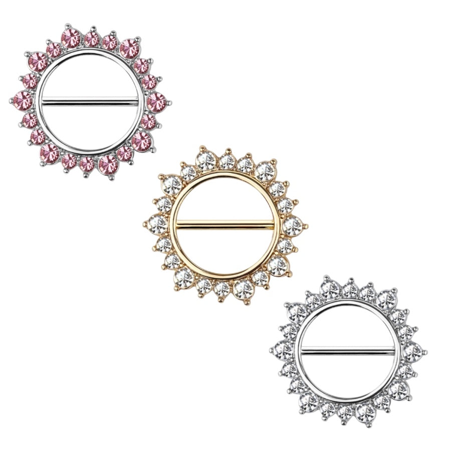 Surgical Steel Nipple Barbell 14 Gauge with Sunburst CZ Clicker - Pair