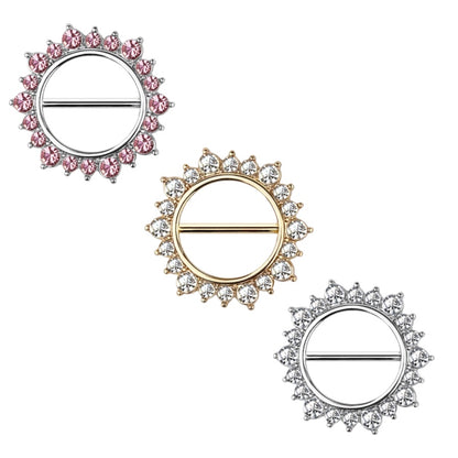 Surgical Steel Nipple Barbell 14 Gauge with Sunburst CZ Clicker - Pair