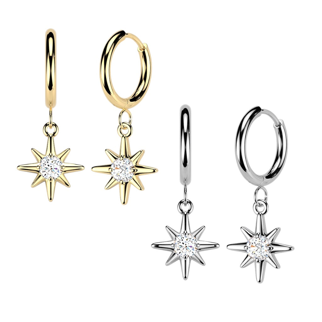 Surgical Steel Hinged Huggie Hoop 18G 10mm with CZ Sunburst - Pair