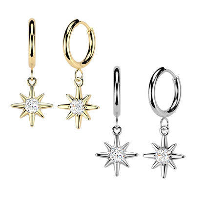 Surgical Steel Hinged Huggie Hoop 18G 10mm with CZ Sunburst - Pair