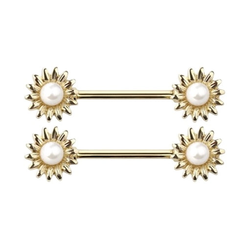 Surgical Steel Gold Nipple Barbell 14G with Sunflower Pearl - Pair