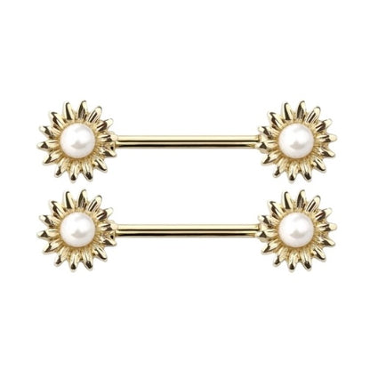 Surgical Steel Gold Nipple Barbell 14G with Sunflower Pearl - Pair