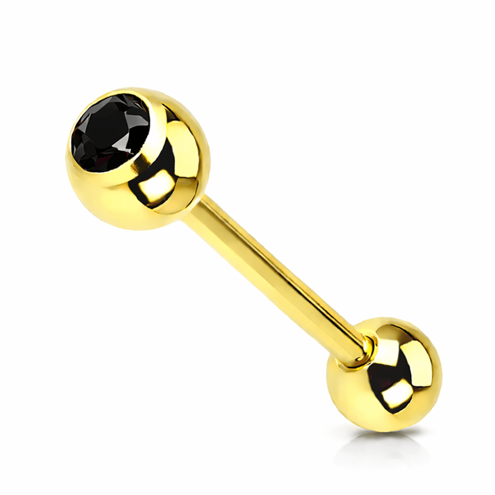 Surgical Steel 14 Gauge Gold Tongue Barbell with Black CZ