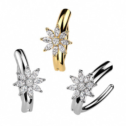 Surgical Steel 14 Gauge Hinged Belly Button Ring CZ Flower Marquise - Kruelty