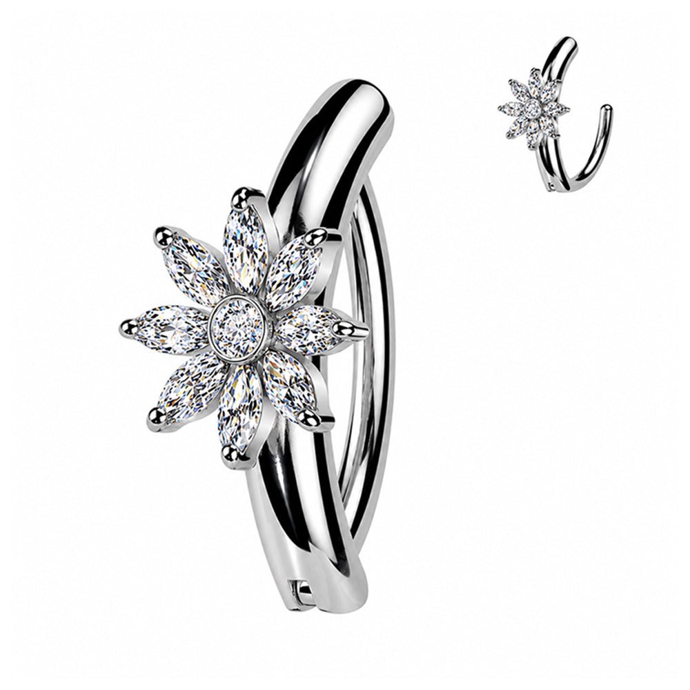 Surgical Steel 14 Gauge Hinged Belly Button Ring CZ Flower Marquise - Kruelty
