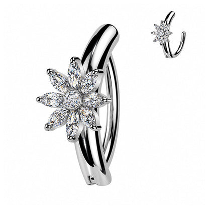 Surgical Steel 14 Gauge Hinged Belly Button Ring CZ Flower Marquise - Kruelty