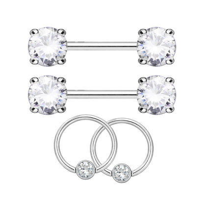 Surgical Steel 14G Nipple Barbell & Clear CZ Captive Bead Ring Set