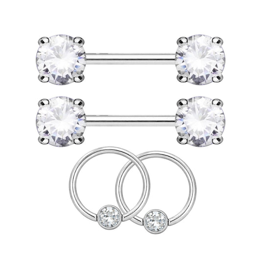 Surgical Steel 14 Gauge Nipple Barbell & Clear CZ Captive Bead - Pair - Kruelty