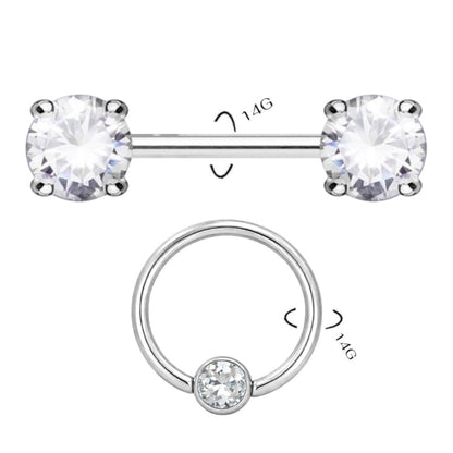 Surgical Steel 14G Nipple Barbell & Clear CZ Captive Bead Ring Set - photo 2