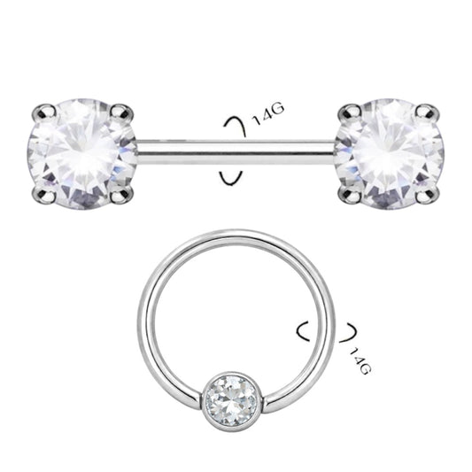 Surgical Steel 14 Gauge Nipple Barbell & Clear CZ Captive Bead - Pair - Kruelty