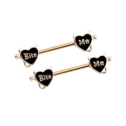 Surgical Steel 14 Gauge Nipple Barbell with Bite Me Heart - Pair - photo 3