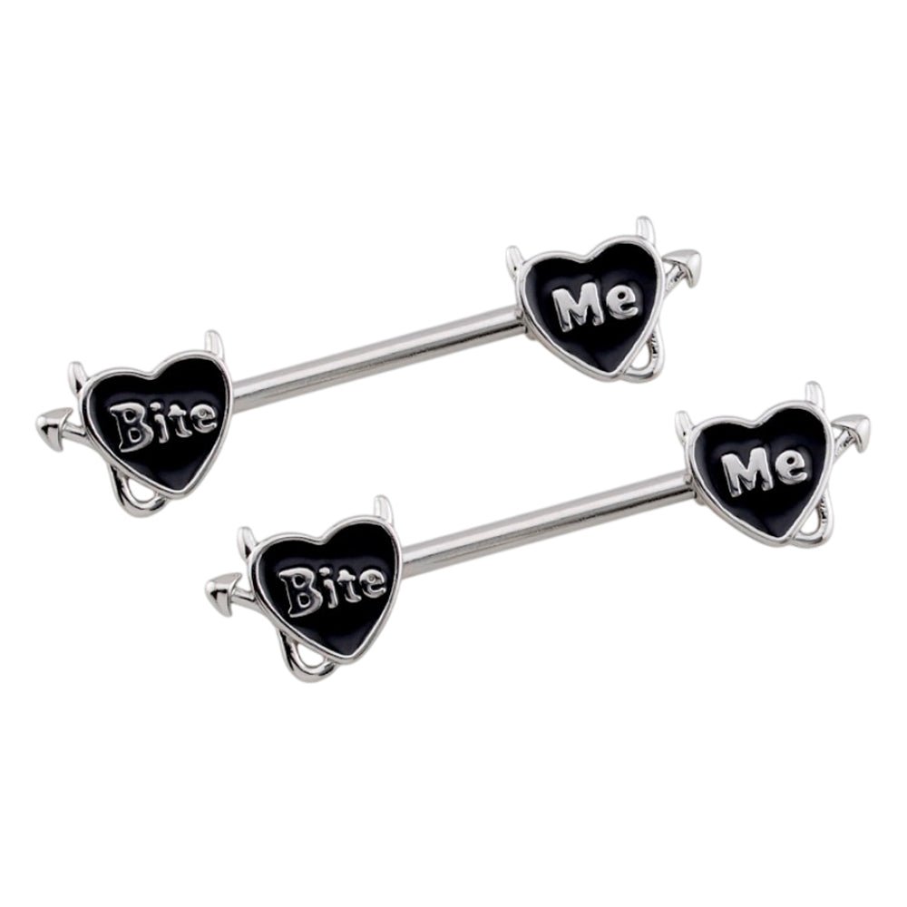 Surgical Steel 14 Gauge Nipple Barbell with Bite Me Heart - Pair - photo 4