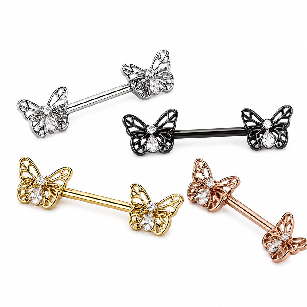 Surgical Steel 14 Gauge Nipple Barbell with CZ Butterfly - Pair