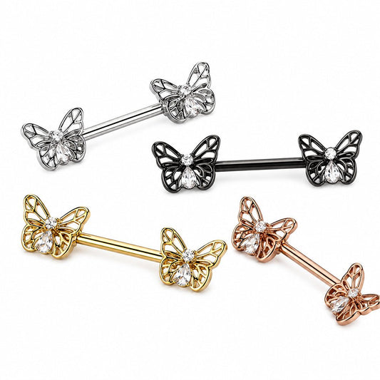 Surgical Steel 14 Gauge Nipple Barbell with CZ Butterfly - Pair - Kruelty