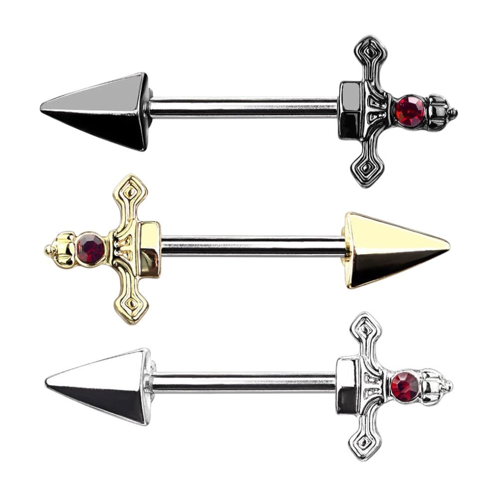 Surgical Steel 14 Gauge Nipple Barbell with Red CZ Dagger - Pair - Kruelty