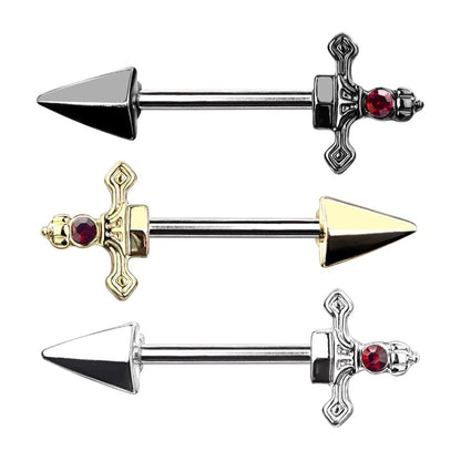 Surgical Steel 14 Gauge Nipple Barbell with Red CZ Dagger - Pair - Kruelty