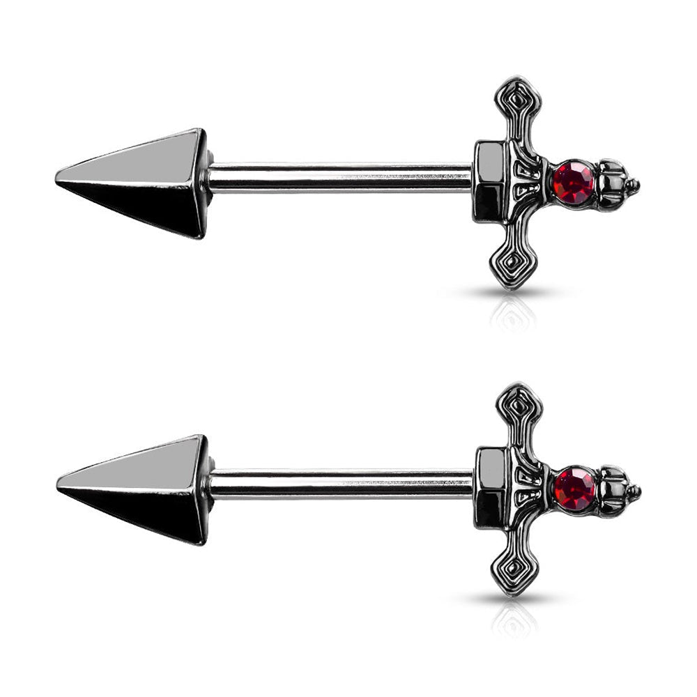 Surgical Steel 14 Gauge Nipple Barbell with Red CZ Dagger - Pair - Kruelty