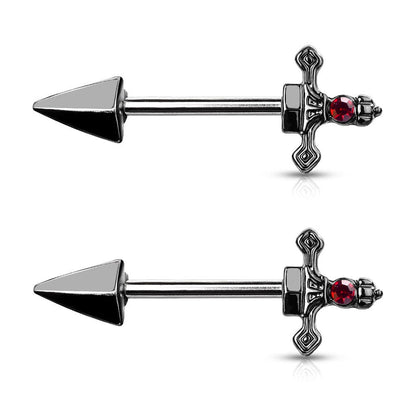 Surgical Steel 14 Gauge Nipple Barbell with Red CZ Dagger - Pair - Kruelty