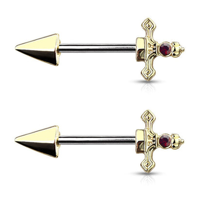 Surgical Steel 14 Gauge Nipple Barbell with Red CZ Dagger - Pair - Kruelty
