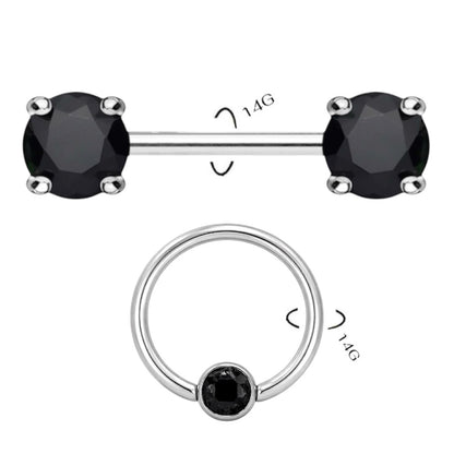 Surgical Steel 14 Gauge Nipple Barbell & Black CZ Captive Bead - Pair