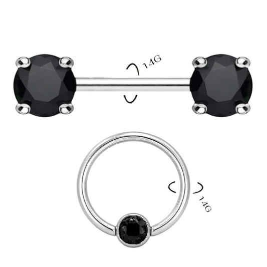 Surgical Steel 14 Gauge Nipple Barbell & Black CZ Captive Bead - Pair