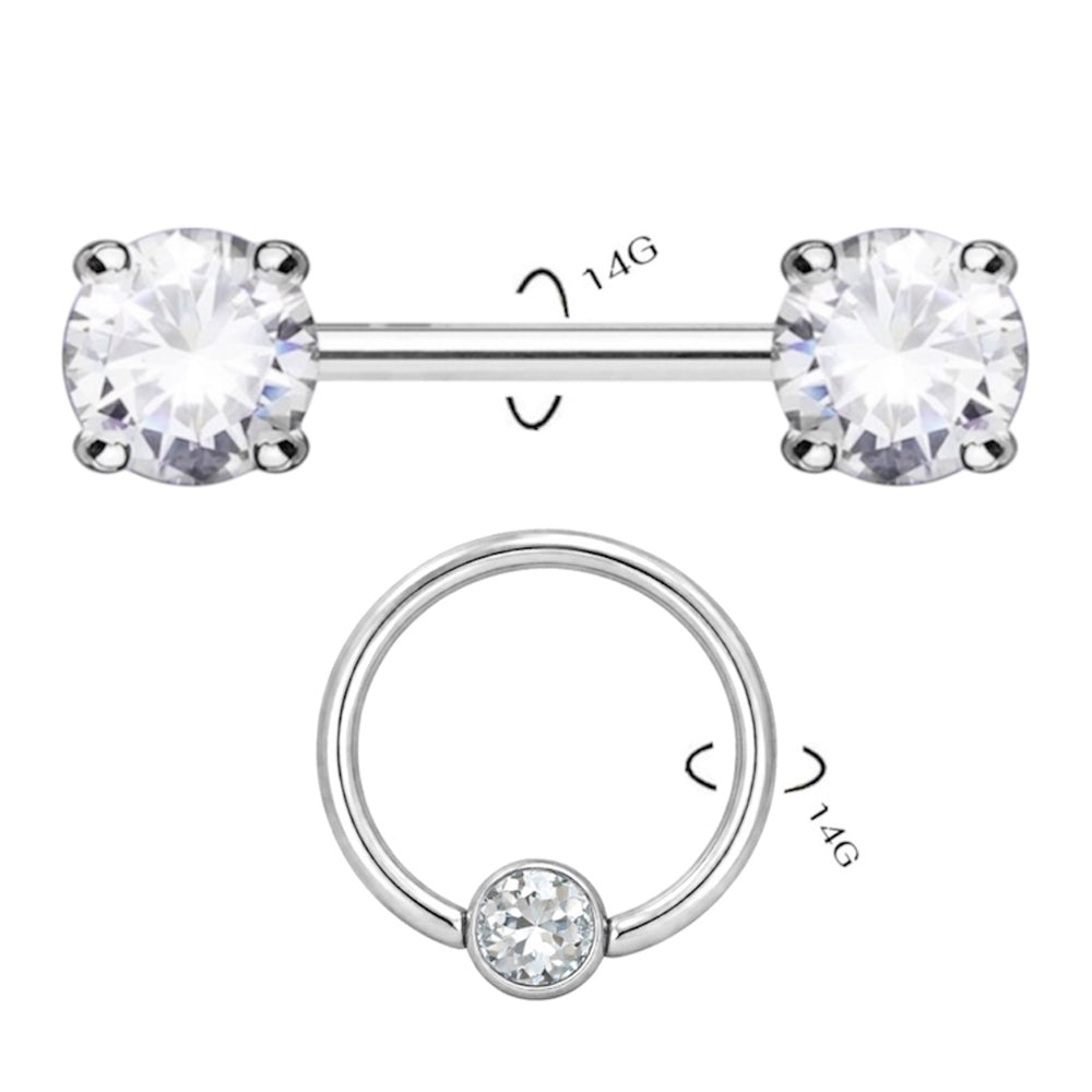 Surgical Steel 14 Gauge Nipple Barbell & Clear CZ Captive Bead - Pair