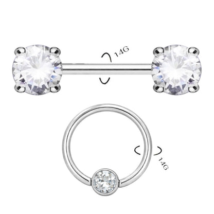 Surgical Steel 14 Gauge Nipple Barbell & Clear CZ Captive Bead - Pair