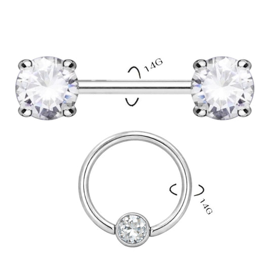 Surgical Steel 14 Gauge Nipple Barbell & Clear CZ Captive Bead - Pair