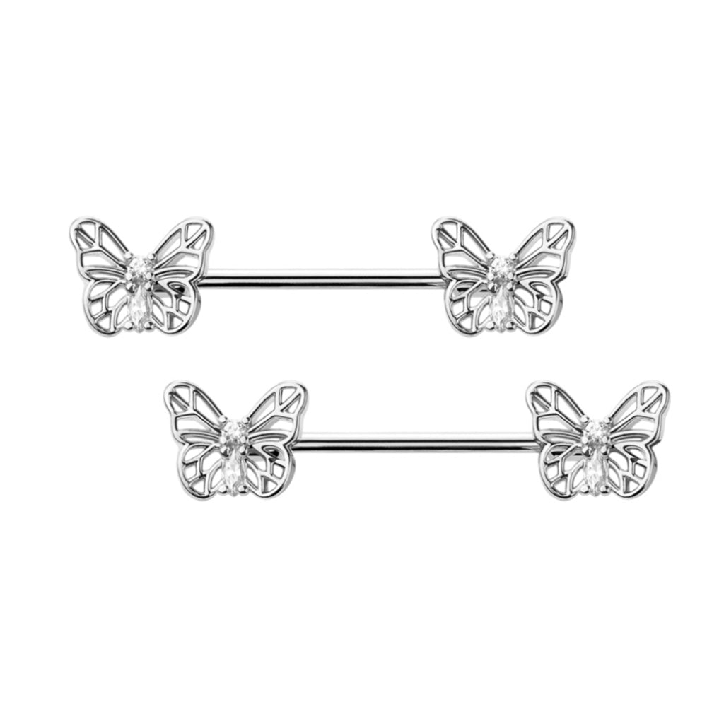 Surgical Steel 14 Gauge Nipple Barbell with CZ Butterfly - Pair