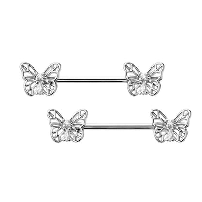 Surgical Steel 14 Gauge Nipple Barbell with CZ Butterfly - Pair