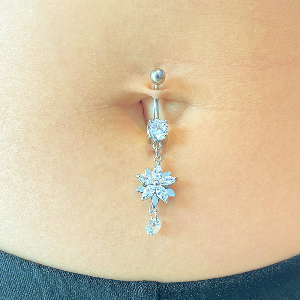 Surgical Steel 14 Gauge Belly Ring with CZ Dangling Flower - photo 3