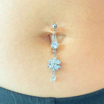 Surgical Steel 14 Gauge Belly Ring with CZ Dangling Flower - photo 3